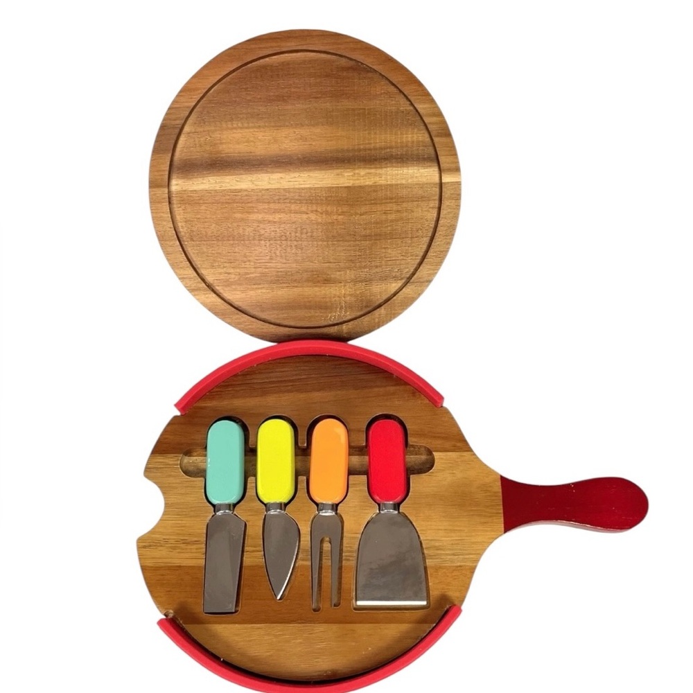 Fiesta Acacia Wood Charcuterie Cheese Board Set Hidden Drawer 4 Tools Round